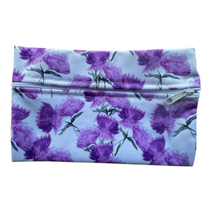 Wet bag with purple floral pattern on a white background