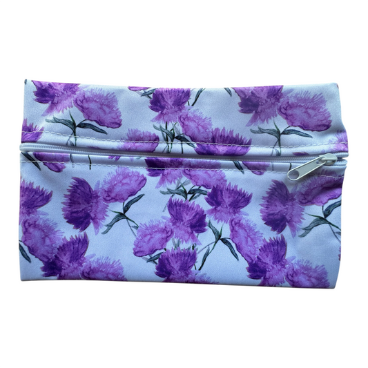 Wet bag with purple floral pattern on a white background