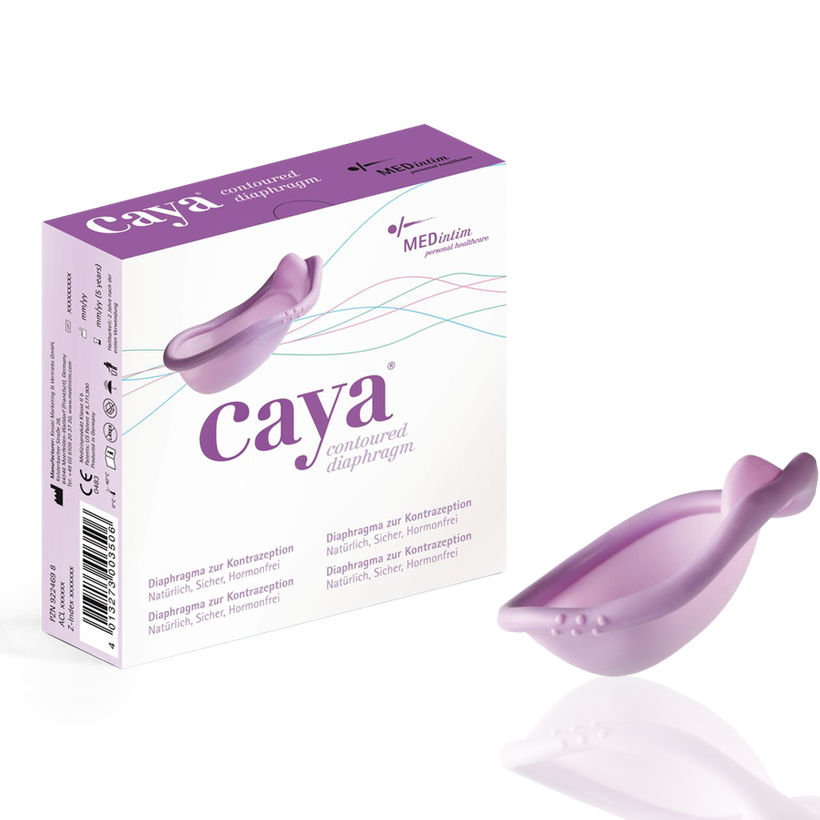 Caya product packaging and device on a white background