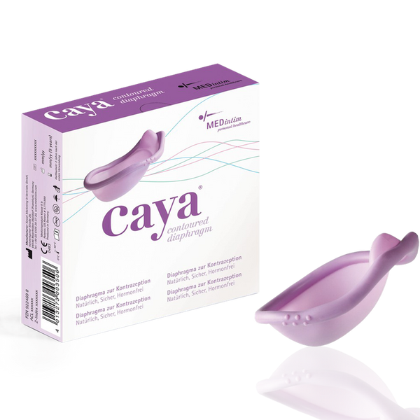 Caya product packaging and device on a white background