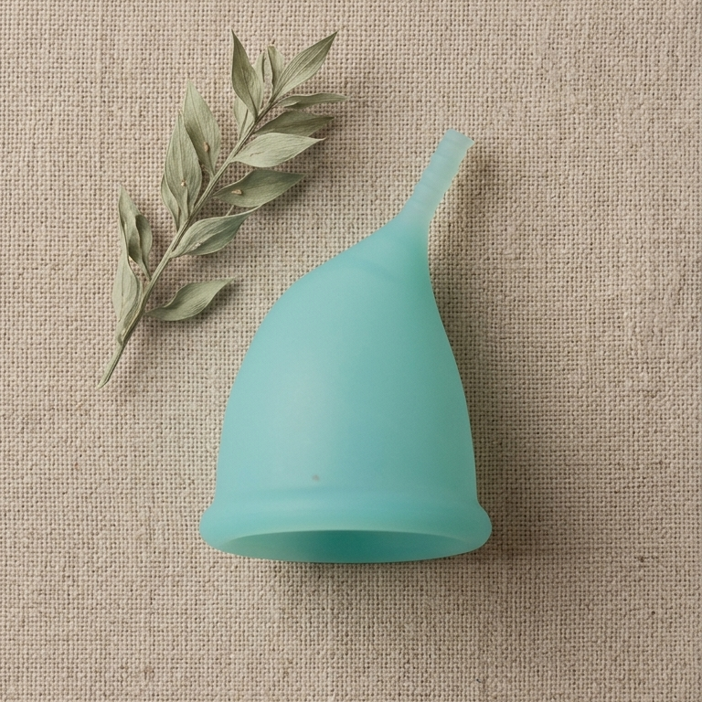 Turquoise menstrual cup on a beige fabric background with a small branch of leaves.