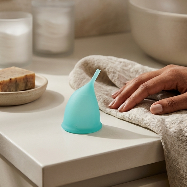 Turquoise cup on a bathroom counter with a hand and towel in the background