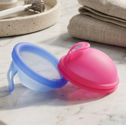 A pink silicone menstrual cup and a blue silicone cup lid resting on a white marble bathroom counter next to folded beige towels and skincare bottles.